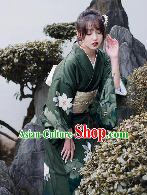 Asian Japan Printing Flowers Dark Green Kimono Clothing Japanese Traditional Summer Festival Yukata Dress