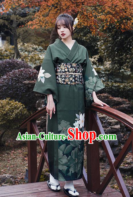 Asian Japan Printing Flowers Dark Green Kimono Clothing Japanese Traditional Summer Festival Yukata Dress