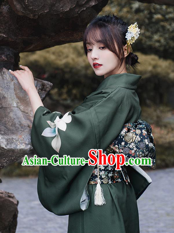 Asian Japan Printing Flowers Dark Green Kimono Clothing Japanese Traditional Summer Festival Yukata Dress