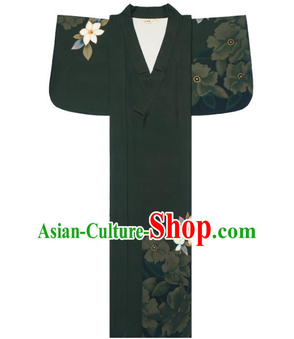 Asian Japan Printing Flowers Dark Green Kimono Clothing Japanese Traditional Summer Festival Yukata Dress