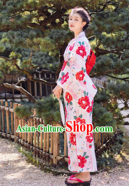 Japanese Traditional Printing Camellia Yukata Dress Asian Japan Hanabi Taikai Young Woman Pink Kimono Fashion