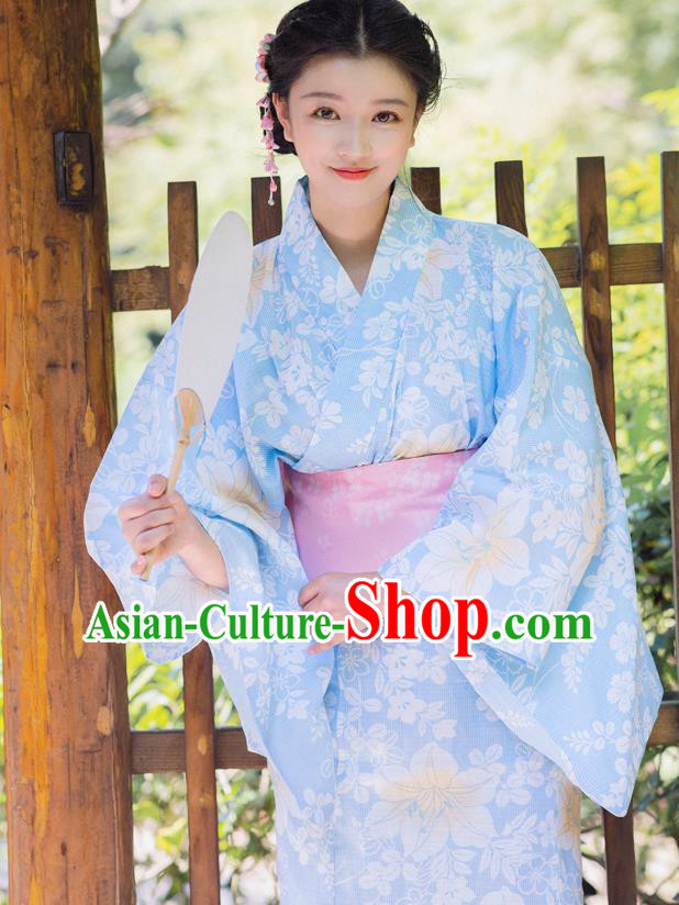 Japanese Traditional Printing Lily Flowers Yukata Dress Asian Japan Hanabi Taikai Kimono Clothing