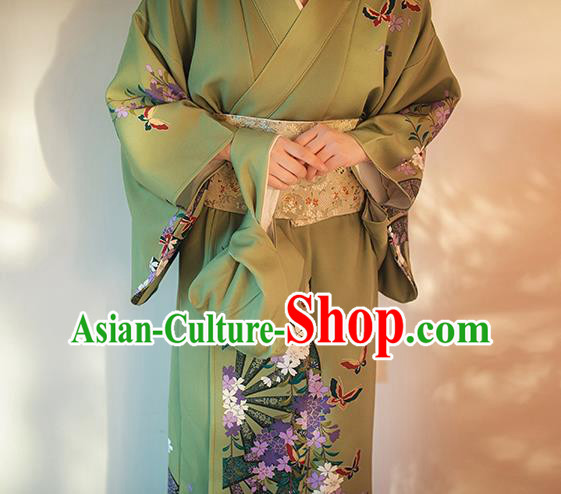 Japanese Traditional Summer Festival Young Lady Yukata Dress Asian Japan Printing Green Kimono Fashion