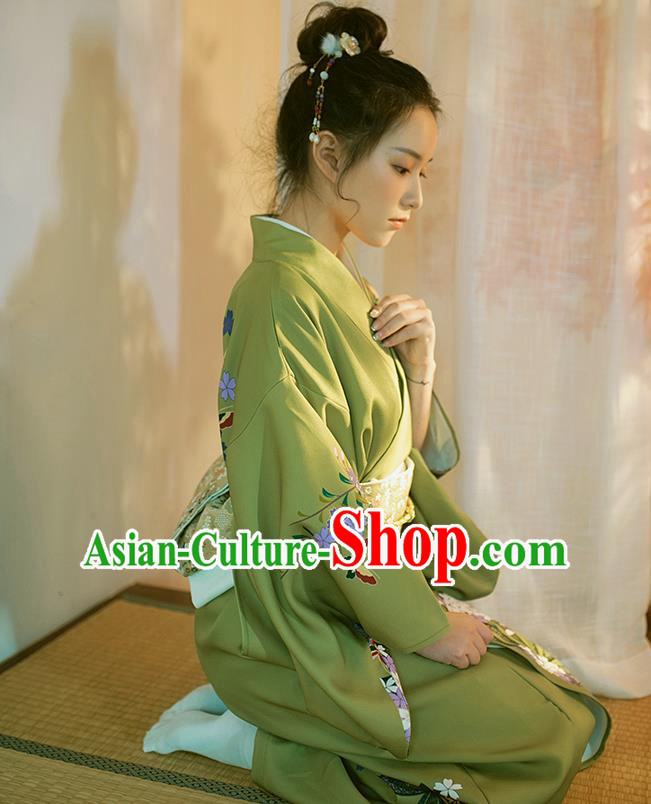 Japanese Traditional Summer Festival Young Lady Yukata Dress Asian Japan Printing Green Kimono Fashion
