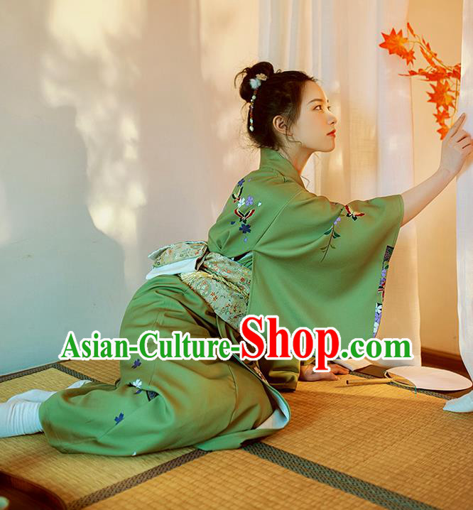 Japanese Traditional Summer Festival Young Lady Yukata Dress Asian Japan Printing Green Kimono Fashion