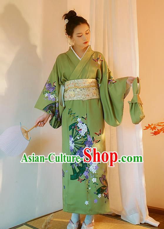 Japanese Traditional Summer Festival Young Lady Yukata Dress Asian Japan Printing Green Kimono Fashion
