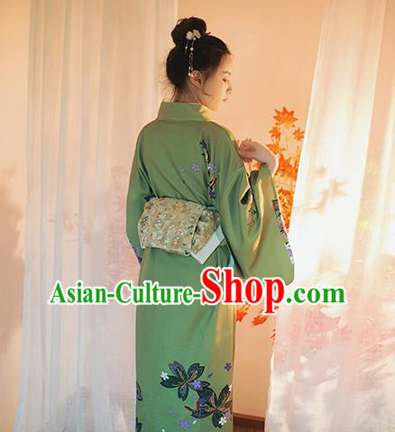 Japanese Traditional Summer Festival Young Lady Yukata Dress Asian Japan Printing Green Kimono Fashion