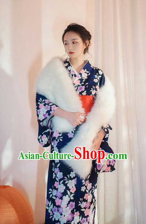 Japanese Traditional Printing Sakura Navy Yukata Dress Asian Japan Young Lady Kimono Fashion