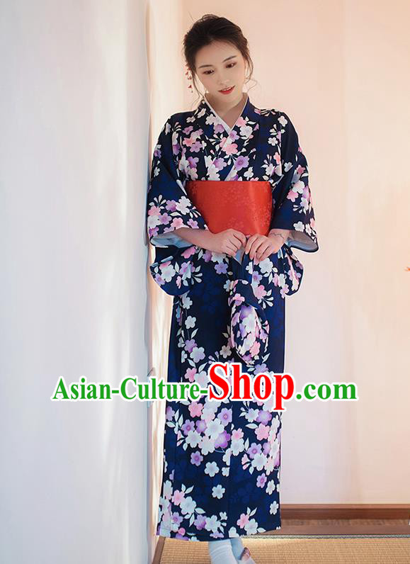 Japanese Traditional Printing Sakura Navy Yukata Dress Asian Japan Young Lady Kimono Fashion