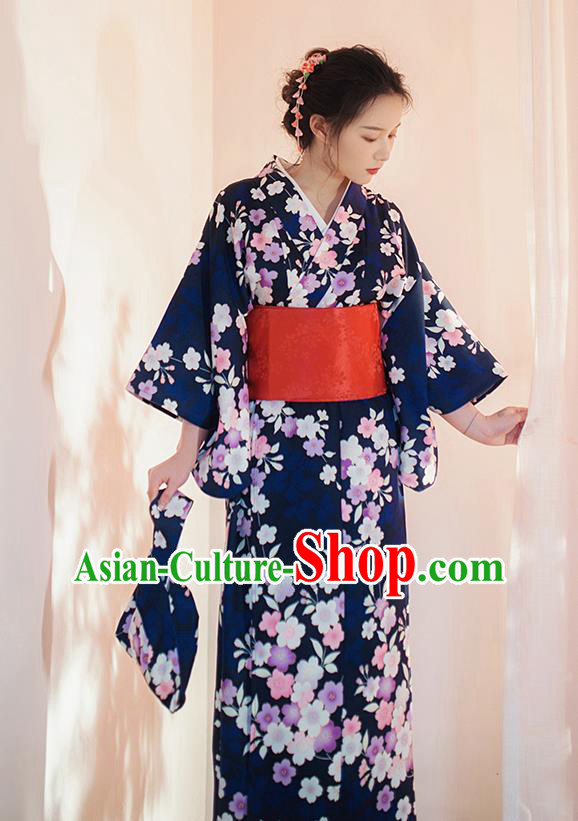 Japanese Traditional Printing Sakura Navy Yukata Dress Asian Japan Young Lady Kimono Fashion