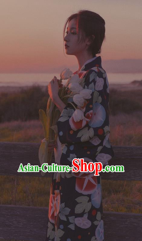 Asian Japan Young Lady Kimono Fashion Japanese Traditional Printing Petunia Navy Yukata Dress