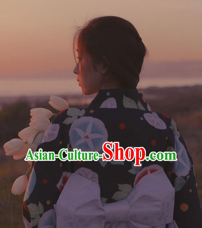 Asian Japan Young Lady Kimono Fashion Japanese Traditional Printing Petunia Navy Yukata Dress
