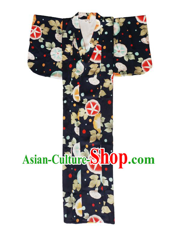 Asian Japan Young Lady Kimono Fashion Japanese Traditional Printing Petunia Navy Yukata Dress