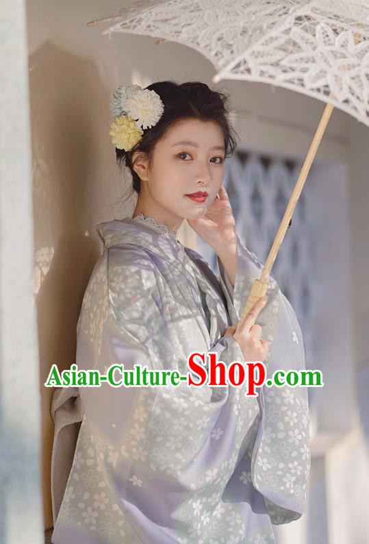 Japanese Traditional Young Lady Yukata Dress Asian Japan Printing Sakura Lilac Kimono Fashion