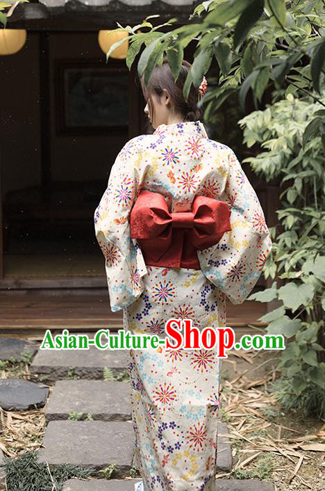 Asian Japan Printing Fairworks Beige Kimono Fashion Japanese Traditional Hanabi Taikai Yukata Dress