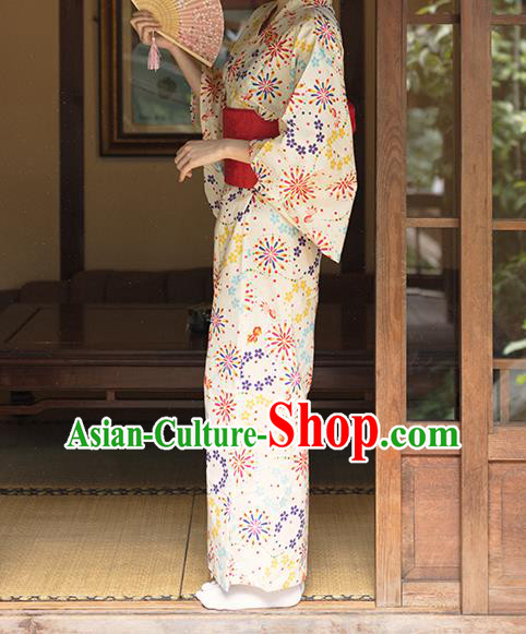 Asian Japan Printing Fairworks Beige Kimono Fashion Japanese Traditional Hanabi Taikai Yukata Dress