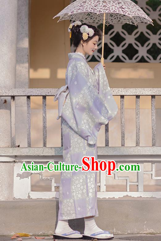 Japanese Traditional Young Lady Yukata Dress Asian Japan Printing Sakura Lilac Kimono Fashion