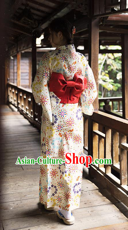 Asian Japan Printing Fairworks Beige Kimono Fashion Japanese Traditional Hanabi Taikai Yukata Dress