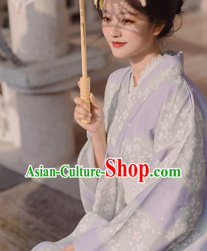 Japanese Traditional Young Lady Yukata Dress Asian Japan Printing Sakura Lilac Kimono Fashion