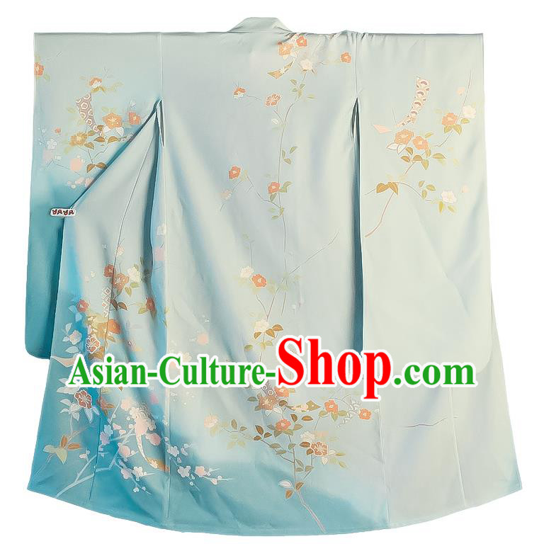 Japanese Traditional Summer Festival Yukata Dress Asian Japan Printing Blue Furisode Kimono Fashion