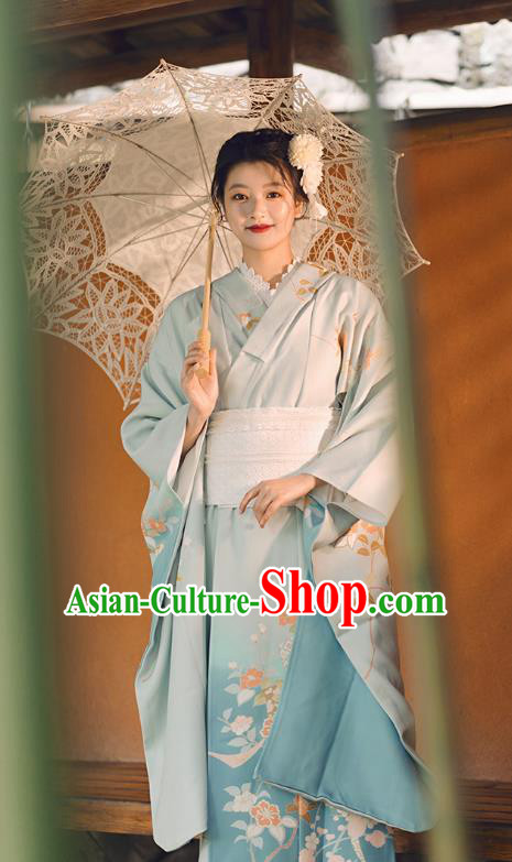 Japanese Traditional Summer Festival Yukata Dress Asian Japan Printing Blue Furisode Kimono Fashion