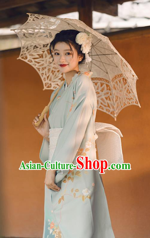 Japanese Traditional Summer Festival Yukata Dress Asian Japan Printing Blue Furisode Kimono Fashion