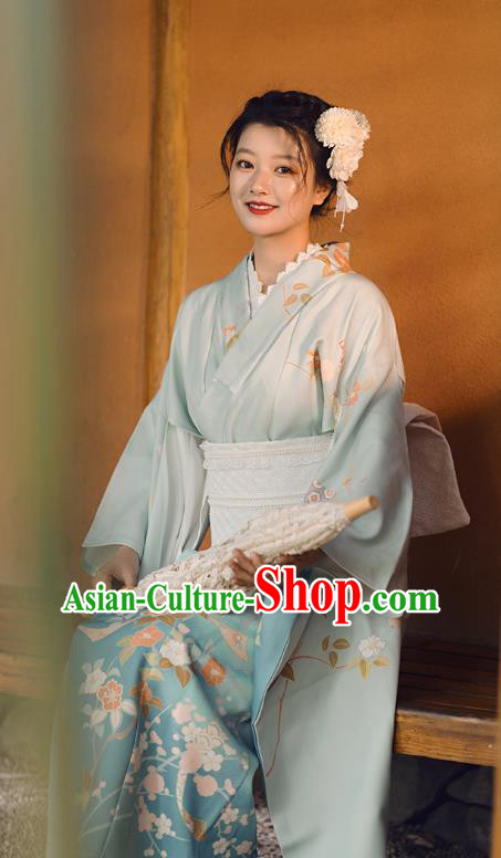 Japanese Traditional Summer Festival Yukata Dress Asian Japan Printing Blue Furisode Kimono Fashion