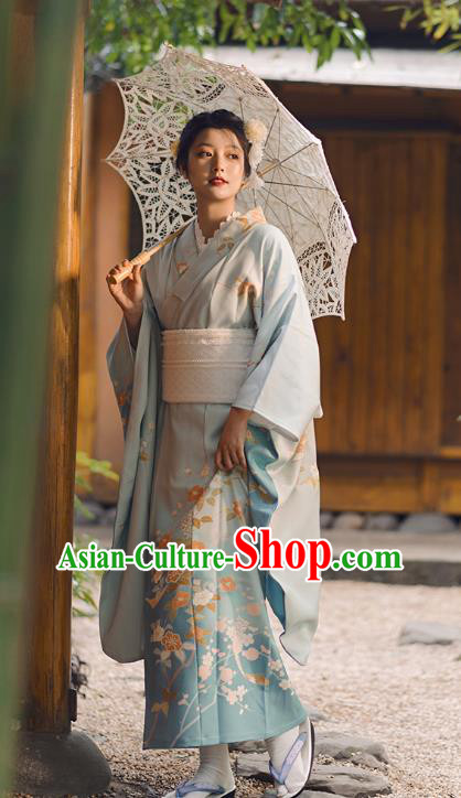 Japanese Traditional Summer Festival Yukata Dress Asian Japan Printing Blue Furisode Kimono Fashion