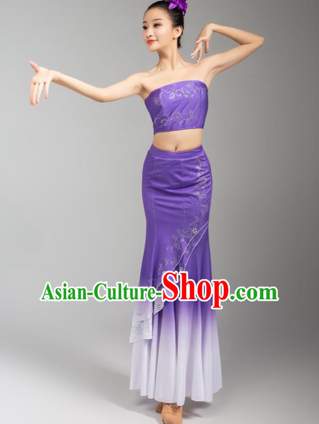 China Traditional Dai Nationality Woman Clothing Yunnan Ethnic Peacock Dance Purple Dress Outfits