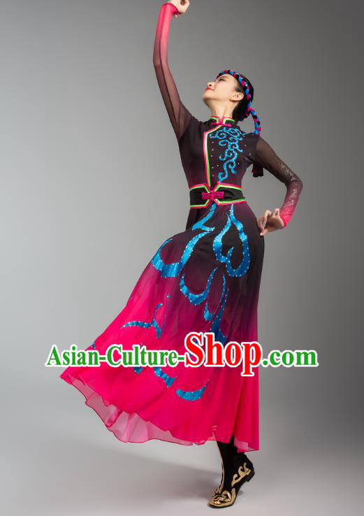 China Mongolian Ethnic Goose Dance Rosy Dress Outfits Traditional Mongol Nationality Woman Clothing