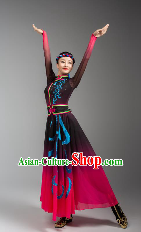 China Mongolian Ethnic Goose Dance Rosy Dress Outfits Traditional Mongol Nationality Woman Clothing