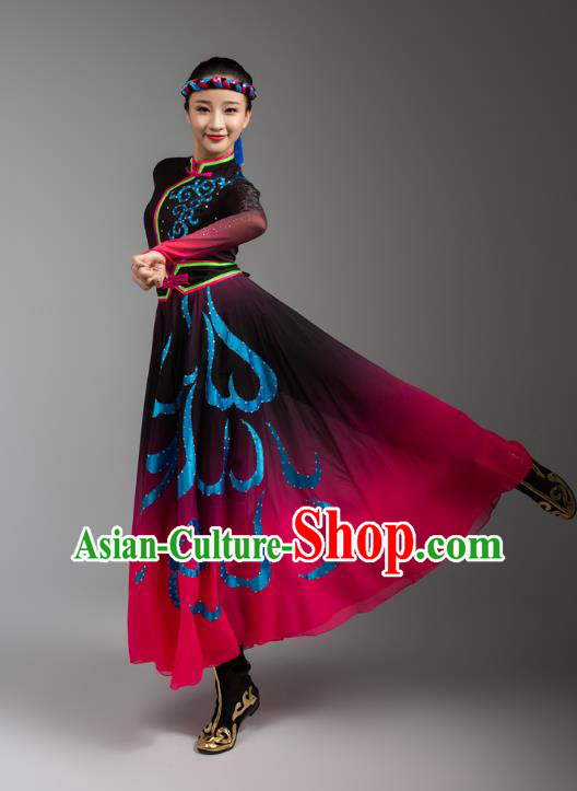 China Mongolian Ethnic Goose Dance Rosy Dress Outfits Traditional Mongol Nationality Woman Clothing