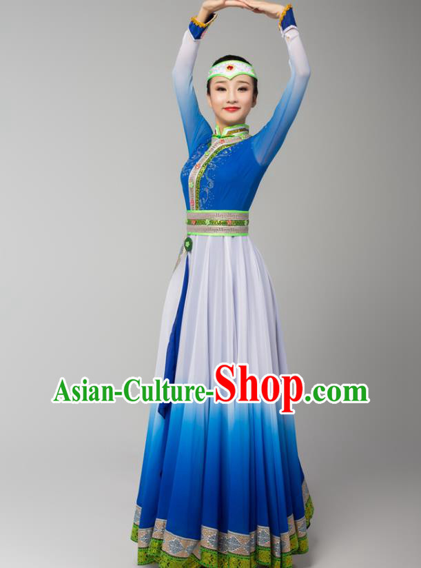 China Mongolian Ethnic Folk Dance Blue Dress Outfits Traditional Mongol Nationality Performance Clothing