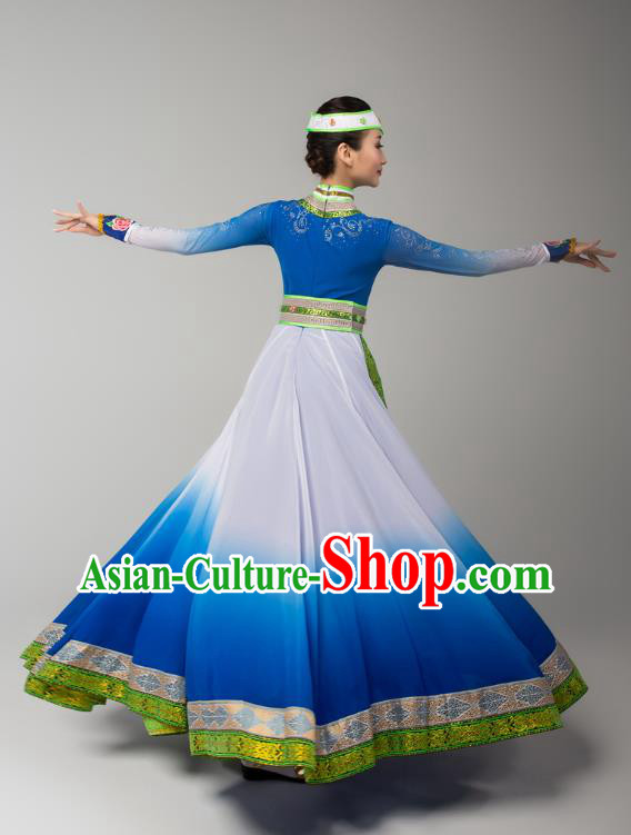 China Mongolian Ethnic Folk Dance Blue Dress Outfits Traditional Mongol Nationality Performance Clothing