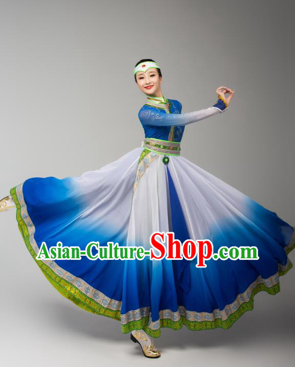 China Mongolian Ethnic Folk Dance Blue Dress Outfits Traditional Mongol Nationality Performance Clothing