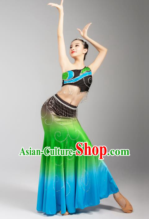 China Yunnan Ethnic Folk Dance Green Skirt Outfits Traditional Dai Nationality Peacock Dance Performance Clothing