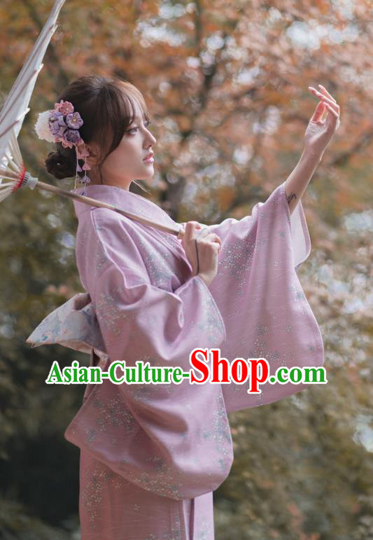Japanese Traditional Hanabi Taikai Yukata Clothing Asian Japan Young Lady Lilac Kimono Dress