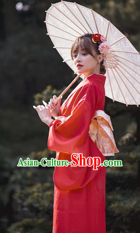 Japanese Traditional Hanabi Taikai Printing Red Yukata Dress Asian Japan Young Lady Kimono Clothing