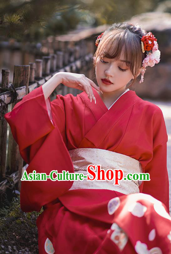 Japanese Traditional Hanabi Taikai Printing Red Yukata Dress Asian Japan Young Lady Kimono Clothing