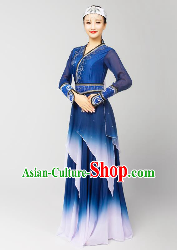 China Traditional Mongol Nationality Folk Dance Clothing Mongolian Ethnic Stage Performance Navy Dress Outfits and Headpiece