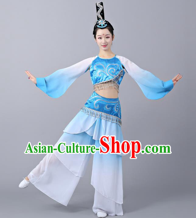 Chinese Traditional Classical Dance Performance Costumes Court Dance Blue Hanfu Dress and Headdress