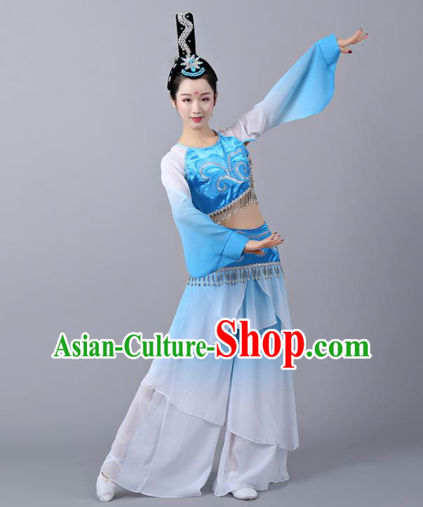 Chinese Traditional Classical Dance Performance Costumes Court Dance Blue Hanfu Dress and Headdress