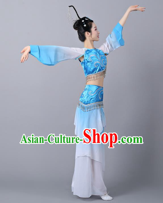 Chinese Traditional Classical Dance Performance Costumes Court Dance Blue Hanfu Dress and Headdress