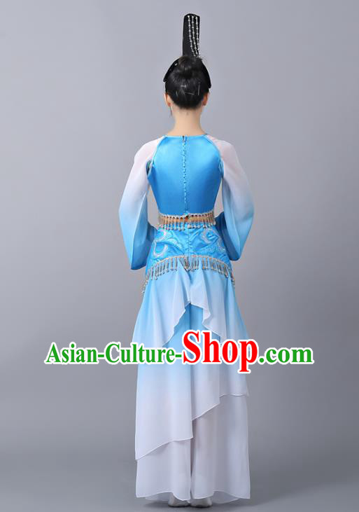 Chinese Traditional Classical Dance Performance Costumes Court Dance Blue Hanfu Dress and Headdress