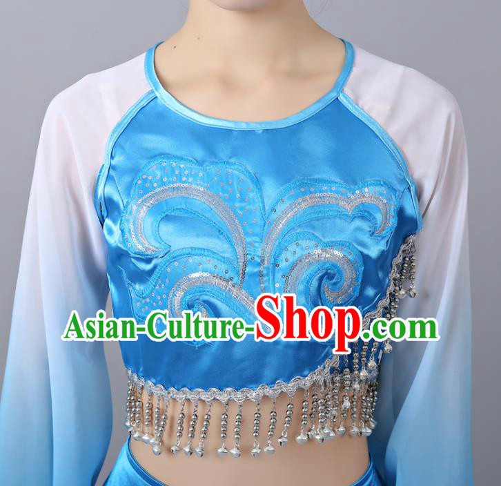 Chinese Traditional Classical Dance Performance Costumes Court Dance Blue Hanfu Dress and Headdress