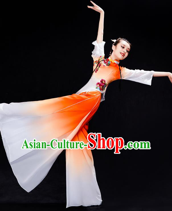 China Folk Dance Performance Orange Uniforms Fan Dance Yangko Dance Clothing