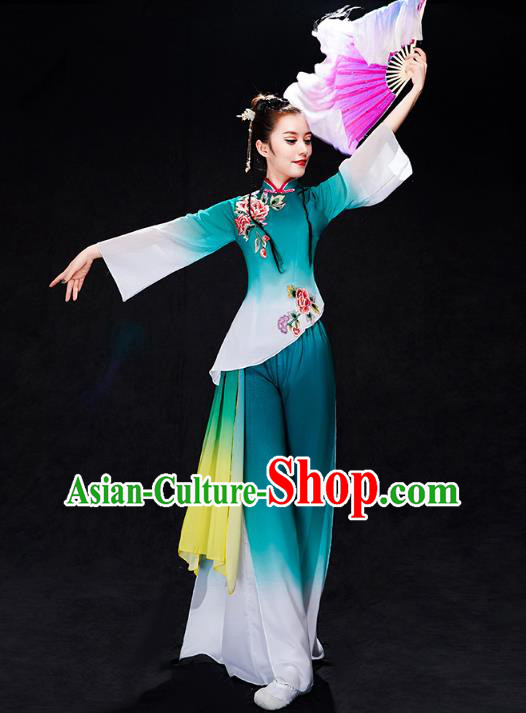 China Fan Dance Yangko Dance Clothing Folk Dance Solo Dance Green Uniforms
