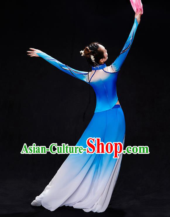 Chinese Fan Dance Blue Outfits Umbrella Dance Clothing Traditional Classical Dance Performance Costumes