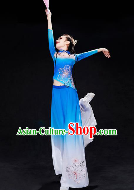Chinese Fan Dance Blue Outfits Umbrella Dance Clothing Traditional Classical Dance Performance Costumes