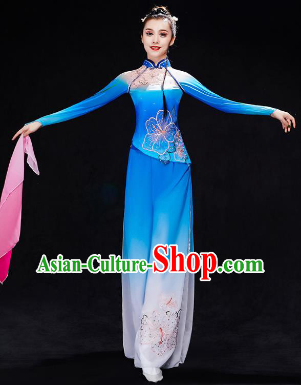 Chinese Fan Dance Blue Outfits Umbrella Dance Clothing Traditional Classical Dance Performance Costumes